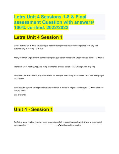 Letrs Unit 4 Sessions 1-8 & Final assessment Question with answers/ 100% verified. 2022/2023 ...