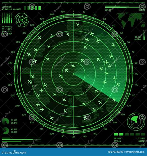 Air Control Radar Screen with Airplanes and Map Stock Vector ...