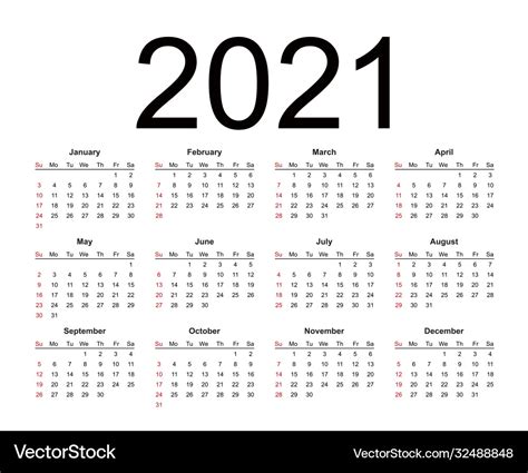 Calendar 2021 year simple style week starts from Vector Image