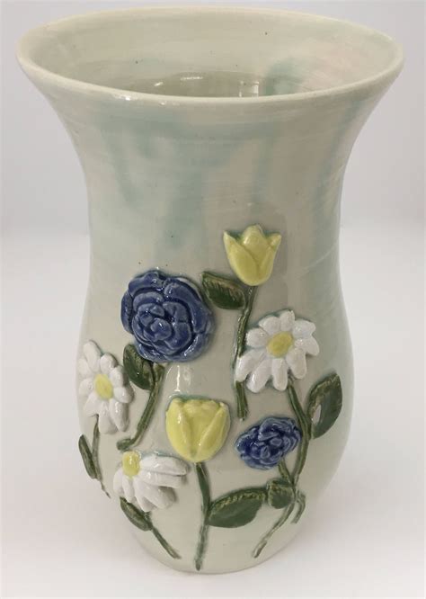 Large Handmade Pottery Ceramic Vase With Blue and Yellow Flowers Handmade Gift by ...