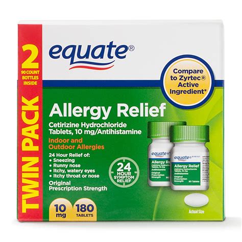 Equate Allergy Relief, Cetirizine Hydrochloride Tablets, 10 mg, 90 Count, 2 Pack - Walmart.com ...