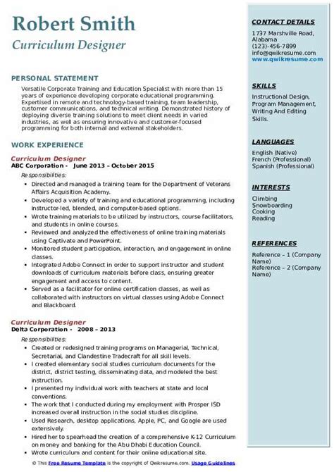 Curriculum Designer Resume Samples | QwikResume