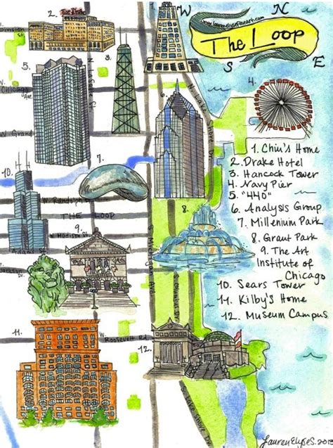 The Loop, Chicago, illustrated map by www.laurenelysefineart.com | Chicago map, Chicago vacation ...