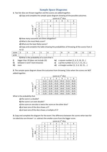 Sample Space diagram questions by Tristanjones - Teaching Resources - Tes