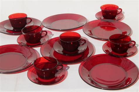 vintage ruby red glass dishes dinnerware set for 6, dinner plates, cups & saucers | Red ...