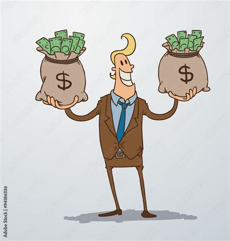 Vector man with two bags of money. Cartoon image of a man blonde in a ...