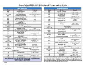 2020-2021 Seton School Calendar of Events and Activities | Seton School Manassas