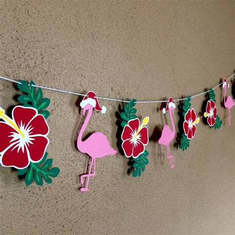 Tropical Hawaiian Christmas Garland, Christmas in July, Hawaii Beach Hibiscus Lei Flamingo B ...