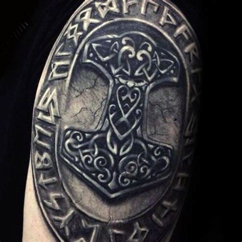 Guys Norse Stone Mjolnir Arm Tattoo Designs Thors Hammer Tattoo ...