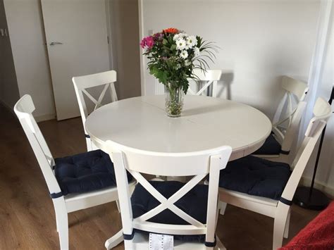 Beautiful IKEA INGATORP White Extendable Dining table with 4 chairs along with Cushions - Almost ...