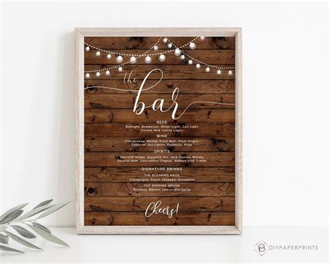 Country Wedding Bar Menu Sign, Rustic Bar Sign Template, Printable Bar ...