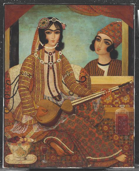 A LADY PLAYING A STRINGED INSTRUMENT | QAJAR IRAN, EARLY 19TH CENTURY ...