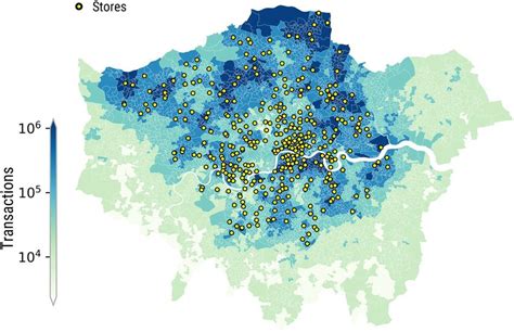 London map reflecting the stores' positions (dots) and the number of... | Download Scientific ...