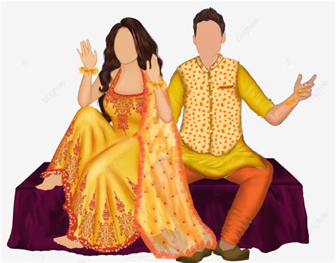 Indian Wedding Yellow Boy And Girl For Haldi Pose Bride Groom Illustration Vector, Haldi Couple ...