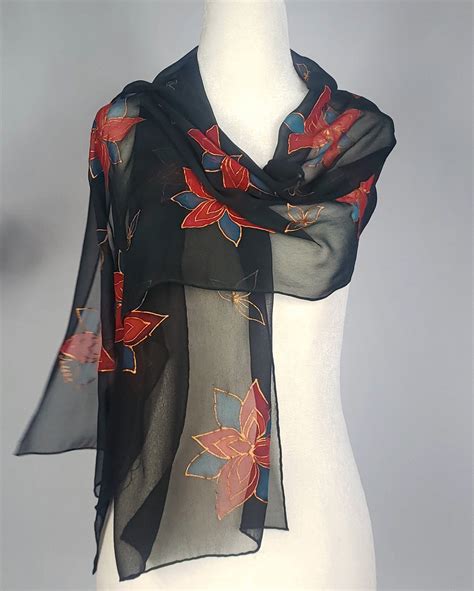 Black Silk Scarf. Hand Painted Black Chiffon Scarf. Red - Etsy