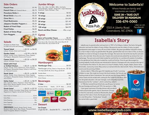 Isabella's Pizza Pub menu in Greensboro, North Carolina, USA