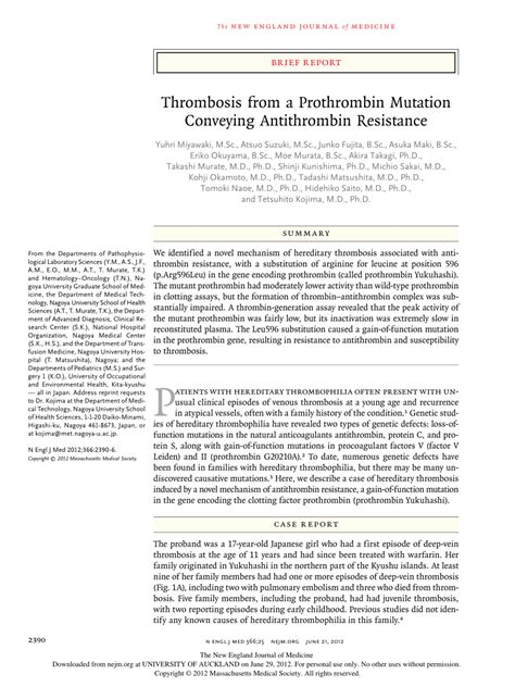 (PDF) Thrombosis from a Prothrombin Mutation Conveying Antithrombin ...