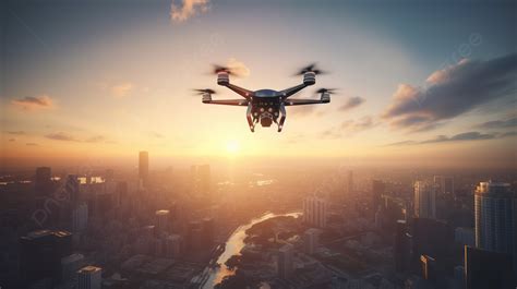 Drone Flying Over A City At Sunset Background, 3d Rendering Flying Drone With Cityscape ...