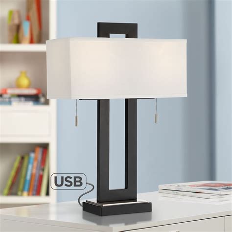 360 Lighting Modern Table Lamp with USB Charging Port Open Rectangular Metal White Fabric Shade ...