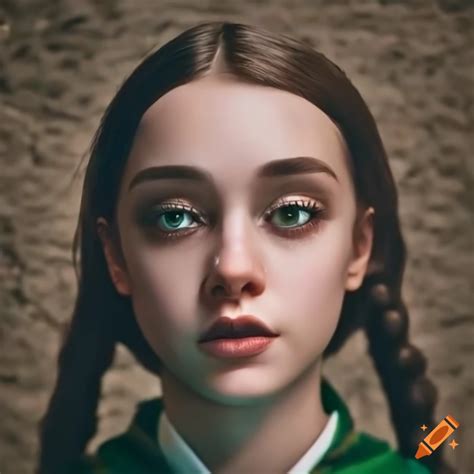 Portrait of a female slytherin student against a stone wall background on Craiyon