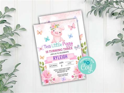 Pink Pig Birthday Party Invitation, Girls Floral Farm This Little Piggy ...