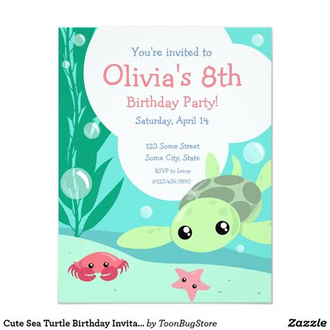 Cute Sea Turtle Birthday Invitation Party Invite Card. #InviteCard #KidsInviteCard # ...