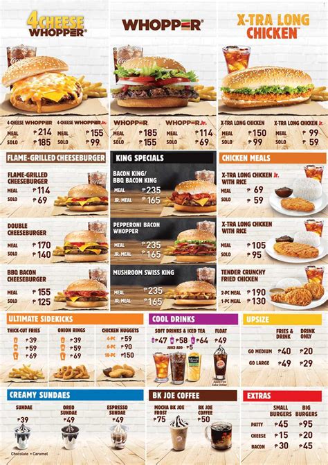 Menu at Burger King restaurant, San Fernando, Macarthur Highway Catbangen