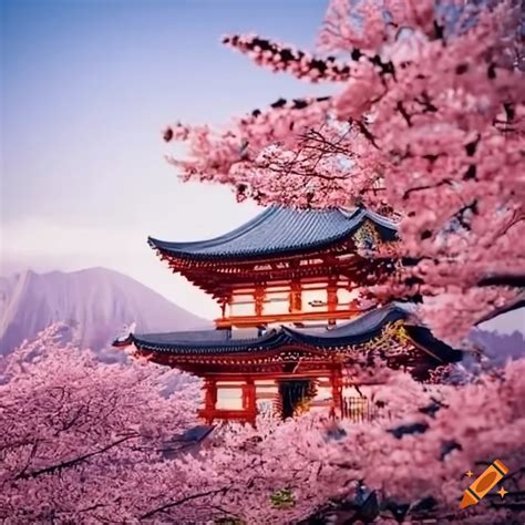 Big japanese temple on a hill in front of cherry blossom trees on Craiyon