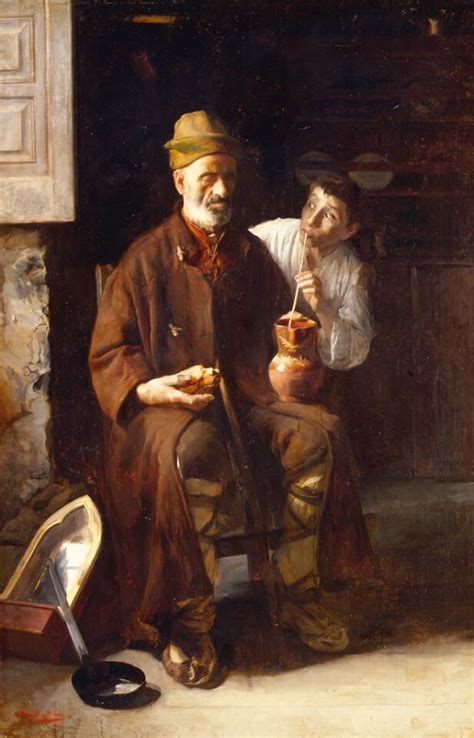 a painting of two men sitting next to each other in front of a door and one holding a pot