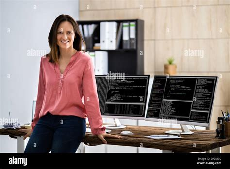 Programmer Woman Coding On Computer. Coder Girl Stock Photo - Alamy