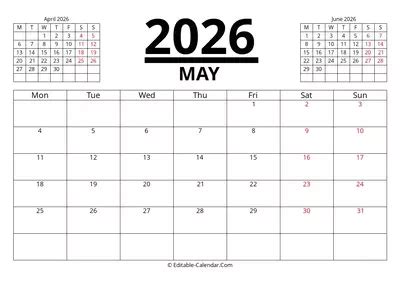 Download Editable Calendar May 2026, Monday Start