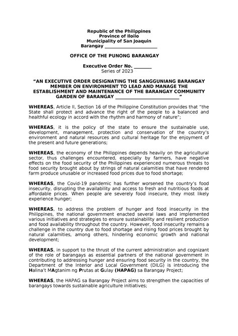 Sample SAN Joaquin Executive Order Hapag Designation of Sangguniang Barangay Template Barangay ...