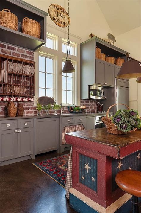 Unique farmhouse kitchen with a touch of red, blue and white - Decoist | Timeless kitchen ...