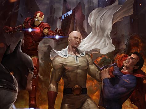 Epic Anime Crossover HD Wallpaper: Batman, Superman, Iron Man, Saitama