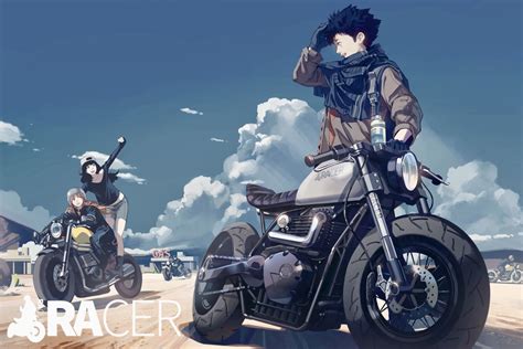 #Anime #Original #Bike Black Hair #Blonde #Cap #Helmet Long Hair #Scarf ...