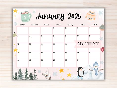 Editable January Calendar 2025, Printable Pink Calendar 2025, Cute ...