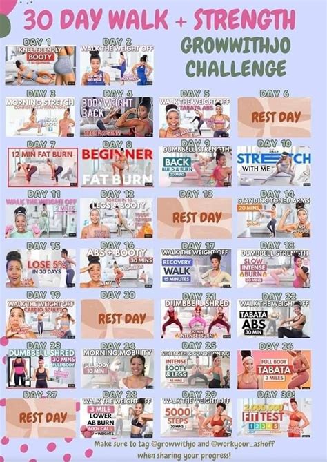 Grow with jo challenge | Workout plan for beginners, Walk the weight ...