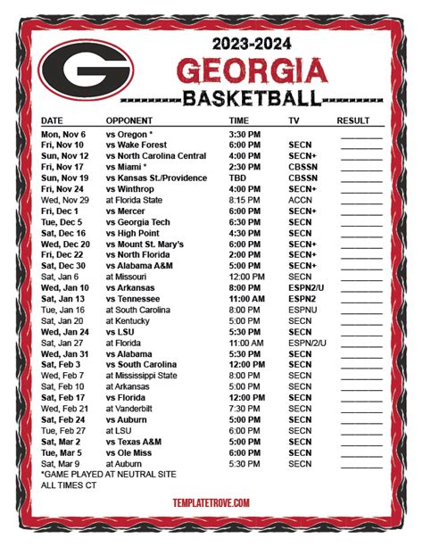 Printable 2023-2024 Georgia Bulldogs Basketball Schedule