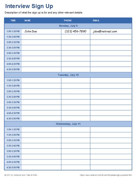 Download an Interview Sign Up Sheet from Vertex42.com | Sign up sheets, Schedule template, Daily ...