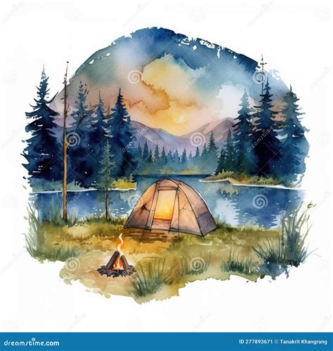 Watercolor Camping with Tent and Bonfire Stock Image - Image of ...