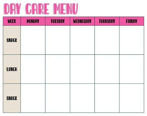 Printable Childcare Menu Templates