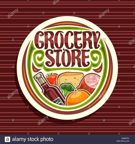 Vector logo for Grocery Store, white round signage with pile of fresh ...