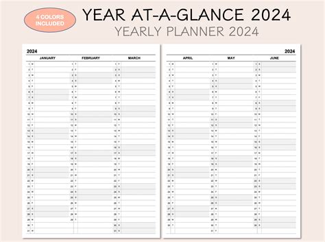 Printable Yearly Planner Calendar 2024, Yearly Overview 2024, Year At-a ...