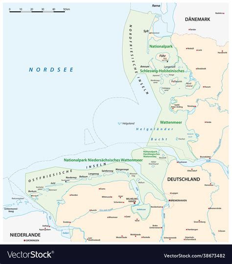 Map three wadden sea national parks Royalty Free Vector