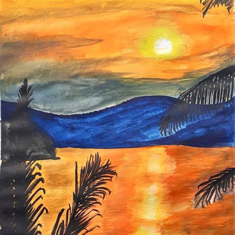 a painting with trees and water in the foreground at sunset or sunrise ...