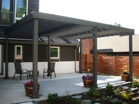 Modern Pergola Attached to House using Solid Wood with Black Painted for Patio complete with ...