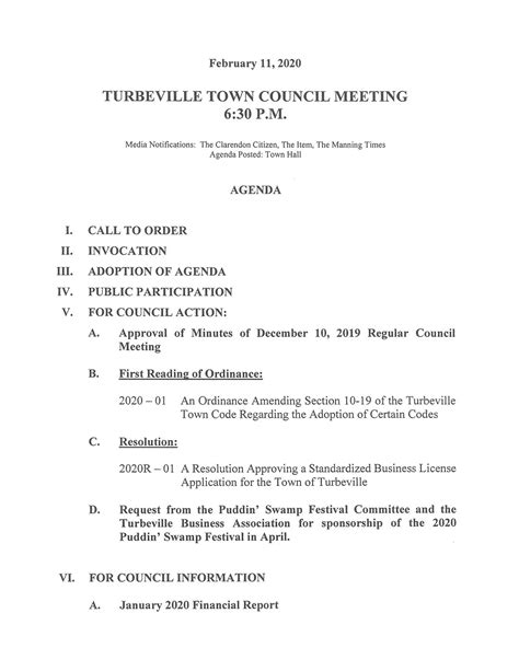 Turbeville Town Council Meeting Agenda 2/11/20 | Manning Live