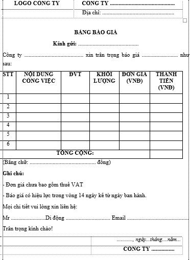 Mẫu báo giá đẹp và chuyên nghiệp gửi khách hàng năm 2023