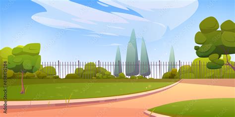 Summer park or garden with green trees, bushes, grass and fence. Vector cartoon illustration of ...