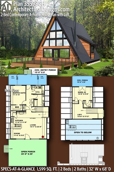 Plan 35598GH: 2-Bed Contemporary A-Frame House Plan with Loft | House ...